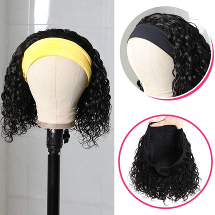 Peluca con diadema de onda profunda, pelucas de cabello humano rizado Bob para mujeres, pelucas Bobo de cabello 100% Real, pelucas hechas a máquina, cabello negro Natural