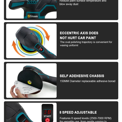 Gisam 8Gear Pulidora Digital Inalámbrica para Auto