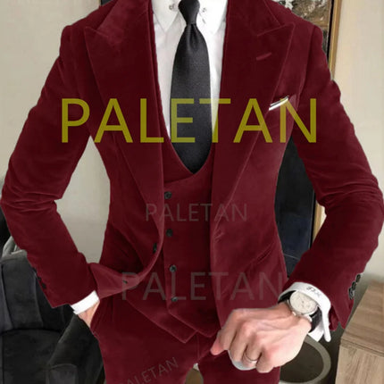 Conjuntos de chaqueta de terciopelo gris de negocios, trajes de boda para hombre, trajes ajustados personalizados para hombre, trajes formales elegantes de 3 piezas, chaqueta + Pantalones + chaleco