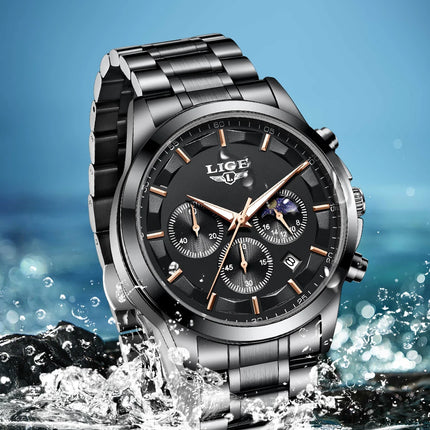 Reloj de Cuarzo LIGE para Hombre – Lujo Clásico con Fase Lunar y Fecha Automática