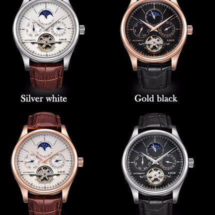 Reloj Mecánico Automático LIGE para Hombre – Tourbillon con Correa de Cuero Genuino
