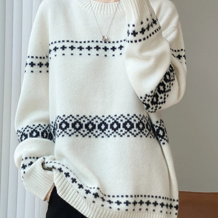 Jersey de punto de lana 100%, superventas, suéter jacquard con cuello redondo, top grueso holgado a la moda para otoño e invierno para mujer