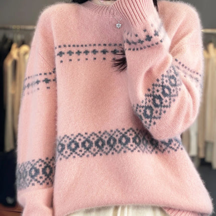 Jersey de punto de lana 100%, superventas, suéter jacquard con cuello redondo, top grueso holgado a la moda para otoño e invierno para mujer