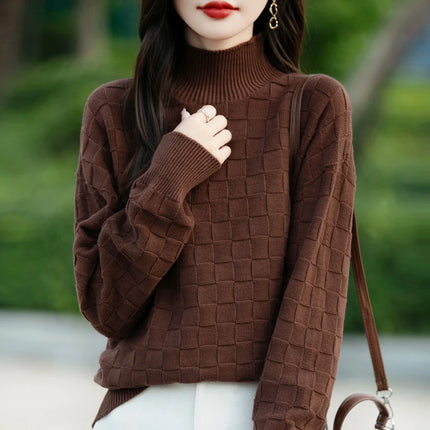 Suéter de algodón 100% para mujer, jersey de cuello medio alto, camisa con patrón cuadrado, Top de punto suelto a la moda, otoño e invierno, nuevo