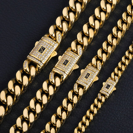 Pulsera Cubana Hip Hop de Lujo – Acero Inoxidable con Baño de Oro de 14K y Diamantes Simulados
