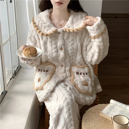 Conjunto de pijama de lana Coral para mujer, ropa de dormir cálida con forro polar para invierno, ropa de descanso de franela acogedora, traje para estar en casa, ropa de dormir cómoda