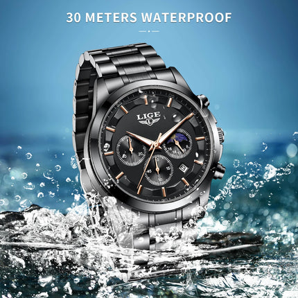 Reloj de Cuarzo LIGE para Hombre – Lujo Clásico con Fase Lunar y Fecha Automática