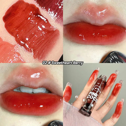 PINKCOCO Bear Doodle Mirror Lip Glaze - Brillo de labios brillante de larga duración, lápiz labial desnudo que brilla la piel, apto para estudiantes