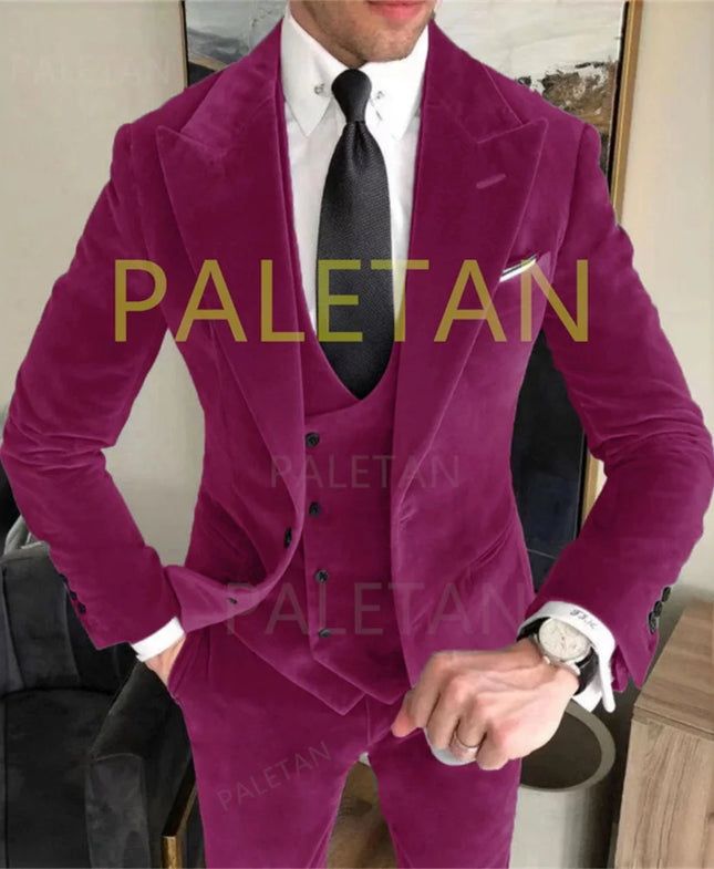 Conjuntos de chaqueta de terciopelo gris de negocios, trajes de boda para hombre, trajes ajustados personalizados para hombre, trajes formales elegantes de 3 piezas, chaqueta + Pantalones + chaleco
