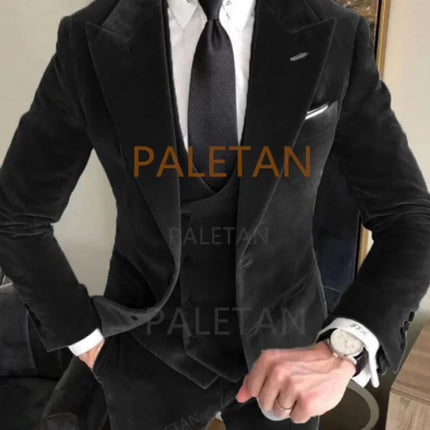 Conjuntos de chaqueta de terciopelo gris de negocios, trajes de boda para hombre, trajes ajustados personalizados para hombre, trajes formales elegantes de 3 piezas, chaqueta + Pantalones + chaleco