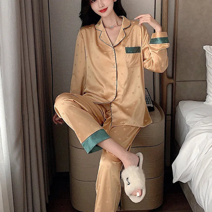 Conjunto de Pijama de Seda de Hielo de Otoño para Mujer – 2 Piezas Moderno y Elegante