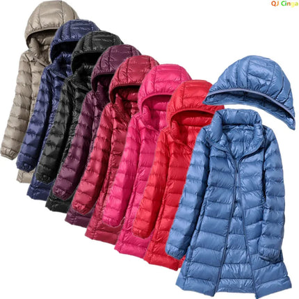 Haze Blue Chaqueta larga liviana para mujer, abrigo de manga larga con capucha, talla asiática M-7XL, Parkas disponibles en rojo, negro, azul y morado