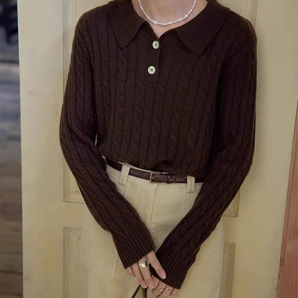 100% suéter de lana pura para mujer 2025 Otoño/Invierno nuevo jersey con cuello POLO moda coreana solapa suave Top de Cachemira de punto para mujer