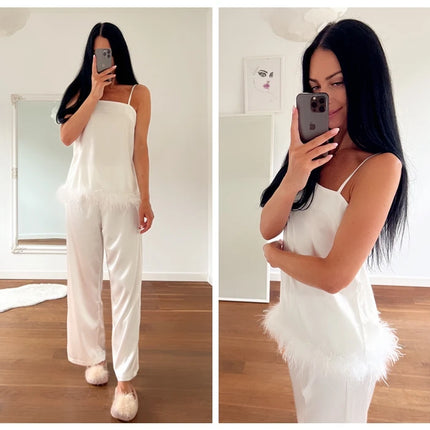 Pijamas de satén con plumas para mujer, conjuntos de ropa de dormir con pantalones, traje para casa con tirantes finos negros, trajes de pantalón blanco 2022