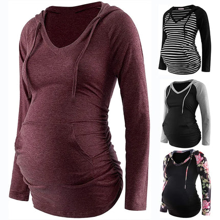Sudaderas con capucha de maternidad para mujer, sudaderas con capucha de manga larga con cuello en V y estampado a rayas, Top para mamá embarazada, ropa de otoño e invierno para lactancia