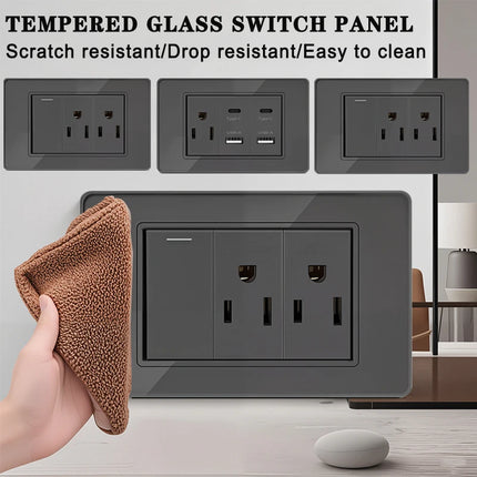 Enchufe de Pared de Vidrio Templado con Puertos USB Dual Tipo C – 118x75mm, 110V