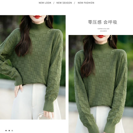 Suéter de algodón 100% para mujer, jersey de cuello medio alto, camisa con patrón cuadrado, Top de punto suelto a la moda, otoño e invierno, nuevo