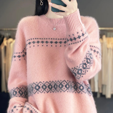 Jersey de punto de lana 100%, superventas, suéter jacquard con cuello redondo, top grueso holgado a la moda para otoño e invierno para mujer
