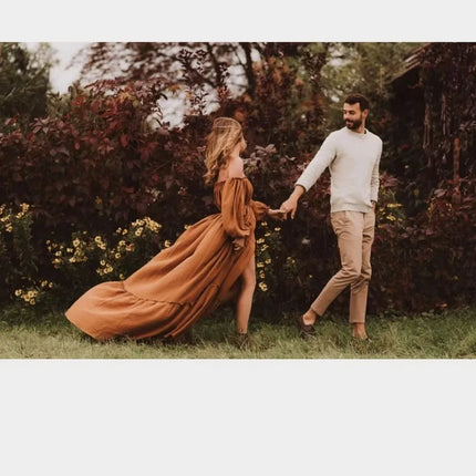 Vestido de sesión de fotos de maternidad: vestido sexy con hombros descubiertos, mangas abullonadas juguetonas y ropa con abertura para piernas para fotografía de mujeres embarazadas