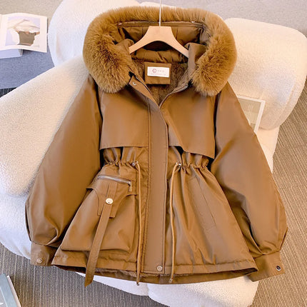 Chaqueta de plumón con Capucha forrada de lana para mujer, abrigo de invierno, Parkas acolchadas con cordón cálido, ropa de calle informal coreana, prendas de vestir acolchadas para mujer
