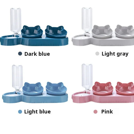 Cuencos para mascotas con alimentador de agua, diseño de oreja inclinado, juego de cuencos para agua y comida para gatos con botella de agua por gravedad para protección del cuello, 3 en 1