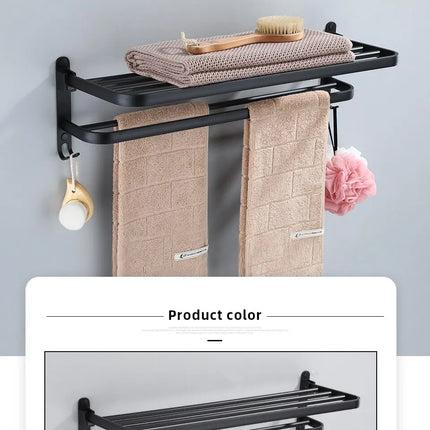Soporte plegable negro mate de 50cm con gancho, soporte para toallas de pared, soporte para toallas de aluminio