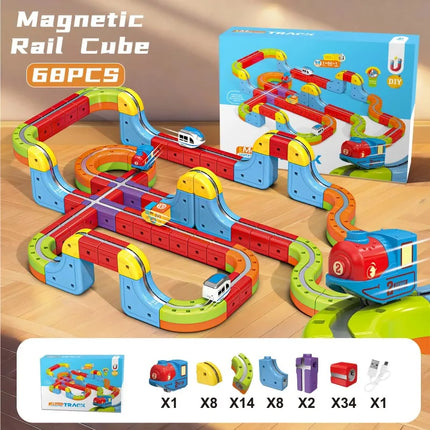 Tren electrónico mágico, cubo de juguete para niños, montaje artesanal, vía férrea, juego de bloques de construcción de automóviles, juguete educativo, regalos de navidad