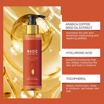 Aceite reafirmante corporal, hidratación profunda, suave, mejora la flacidez, estiramiento de la piel, aumenta la elasticidad, nutritivo, mágico, cuidado corporal de lujo
