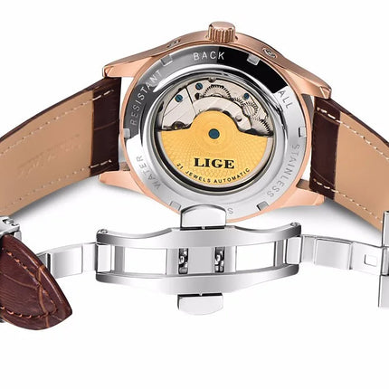 Reloj Mecánico Automático LIGE para Hombre – Tourbillon con Correa de Cuero Genuino