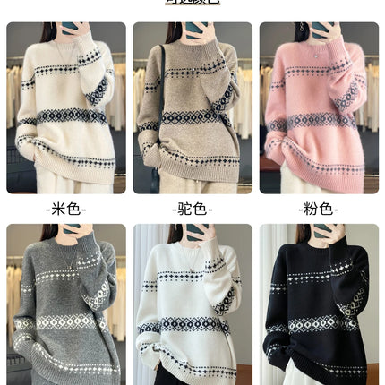 Jersey de punto de lana 100%, superventas, suéter jacquard con cuello redondo, top grueso holgado a la moda para otoño e invierno para mujer