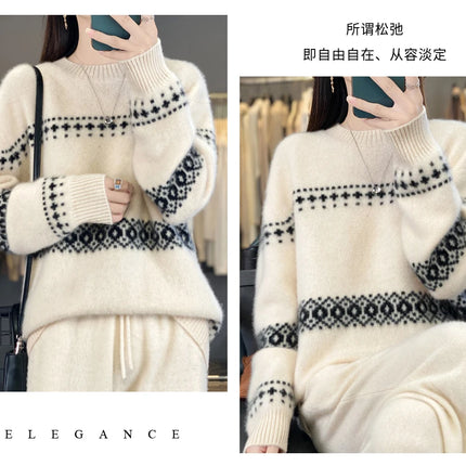 Jersey de punto de lana 100%, superventas, suéter jacquard con cuello redondo, top grueso holgado a la moda para otoño e invierno para mujer