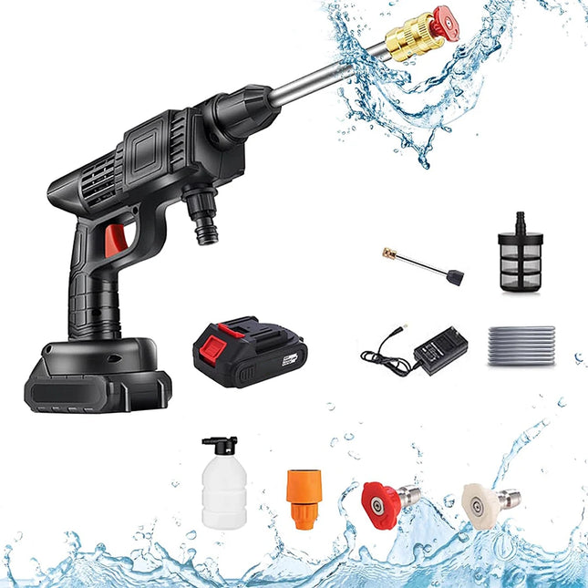 Hidrolavadora a Presión Inalámbrica 60 Bar, 30000mAh 48V, Motor 300W, Pistola de Agua Portátil con Batería de Larga Duración (60 min), Limpiador de Coches y Exteriores – Negro
