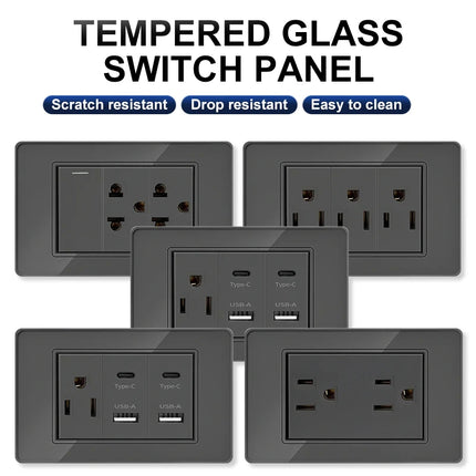 Enchufe de Pared de Vidrio Templado con Puertos USB Dual Tipo C – 118x75mm, 110V