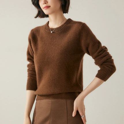 Suéter elegante de Cachemira de 100% con cuello redondo para mujer, jersey de Color sólido, ropa informal básica de otoño e invierno, prendas de punto gruesas y cálidas, Tops suaves