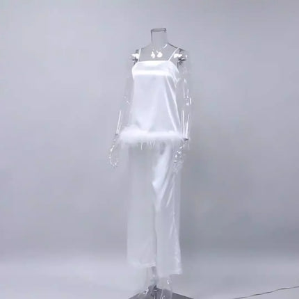 Pijamas de satén con plumas para mujer, conjuntos de ropa de dormir con pantalones, traje para casa con tirantes finos negros, trajes de pantalón blanco 2022