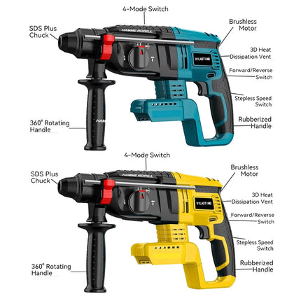 Taladro Eléctrico Sin Escobillas 26 mm | Martillo Rotativo Multifuncional Inalámbrico Compatible con Baterías Makita/Dewalt 18V