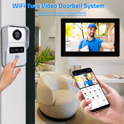 Sistema de timbre de vídeo inalámbrico Wifi, cámara de puerta de portero 1080P, pantalla táctil de 7 pulgadas, videoportero con tarjeta de 32GB para el hogar de 4 cables