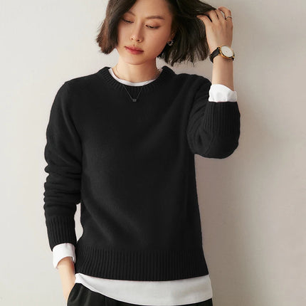 Suéter elegante de Cachemira de 100% con cuello redondo para mujer, jersey de Color sólido, ropa informal básica de otoño e invierno, prendas de punto gruesas y cálidas, Tops suaves