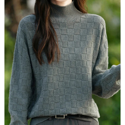 Suéter de algodón 100% para mujer, jersey de cuello medio alto, camisa con patrón cuadrado, Top de punto suelto a la moda, otoño e invierno, nuevo