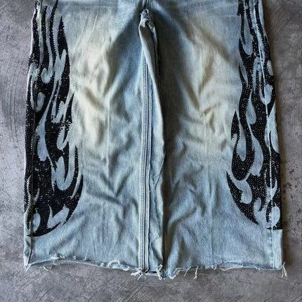 2025 retro doble cintura rebordear bordado jeans y2K hombres mujeres calle alta hip hop moda casual pareja pantalones vaqueros de pierna ancha