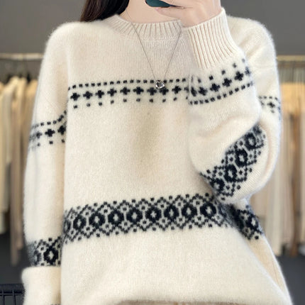 Jersey de punto de lana 100%, superventas, suéter jacquard con cuello redondo, top grueso holgado a la moda para otoño e invierno para mujer