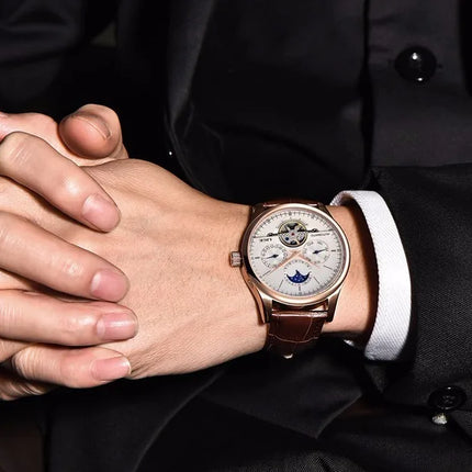 Reloj Mecánico Automático LIGE para Hombre – Tourbillon con Correa de Cuero Genuino