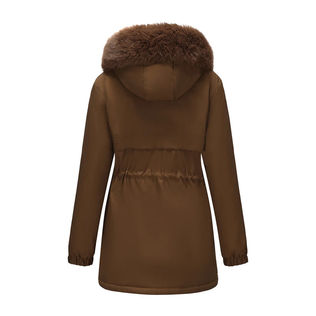 Abrigo de longitud media con capucha marrón oscuro para mujer recién llegado de invierno, chaqueta gruesa elegante y cálida. Parkas caqui, negro, azul y rosa.