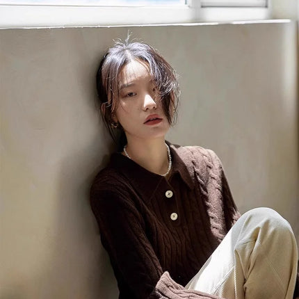 100% suéter de lana pura para mujer 2025 Otoño/Invierno nuevo jersey con cuello POLO moda coreana solapa suave Top de Cachemira de punto para mujer
