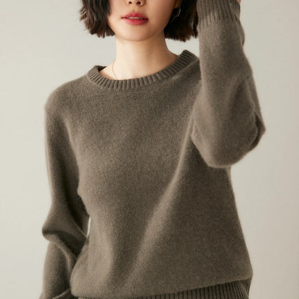 Suéter elegante de Cachemira de 100% con cuello redondo para mujer, jersey de Color sólido, ropa informal básica de otoño e invierno, prendas de punto gruesas y cálidas, Tops suaves