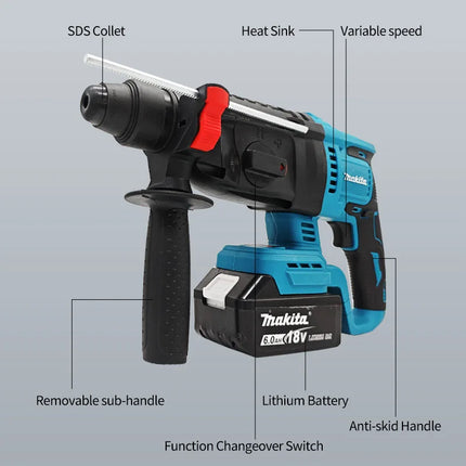 Makita – Martillo Perforador Inalámbrico 18V sin Escobillas (26 mm) | Herramienta Eléctrica Original con Batería de Litio