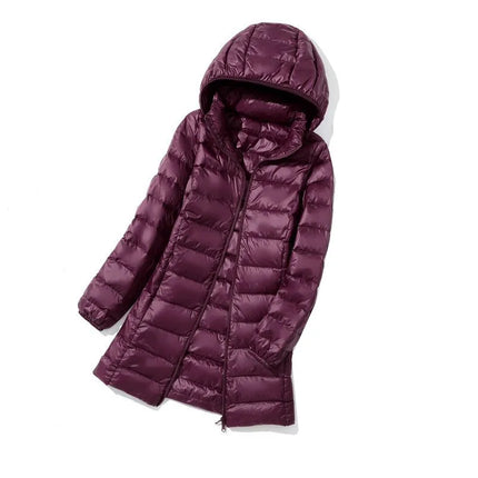 Haze Blue Chaqueta larga liviana para mujer, abrigo de manga larga con capucha, talla asiática M-7XL, Parkas disponibles en rojo, negro, azul y morado