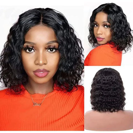 Pelucas de cabello humano virgen brasileño para mujer negra, pelo corto prearrancado con encaje Frontal 13x4, 180% de densidad, onda profunda