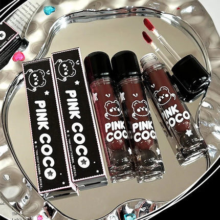PINKCOCO Bear Doodle Mirror Lip Glaze - Brillo de labios brillante de larga duración, lápiz labial desnudo que brilla la piel, apto para estudiantes