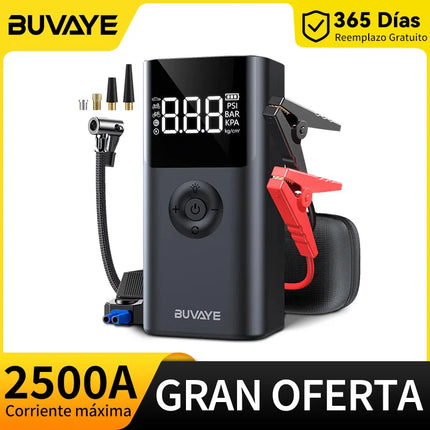 BUVAYE 4 en 1 Arrancador de Batería Portátil 2500A, Banco de Energía, Bomba de Aire 150PSI, Powerbank 12V para Coche, Arrancador de Emergencia Multifuncional con Luz LED SOS
